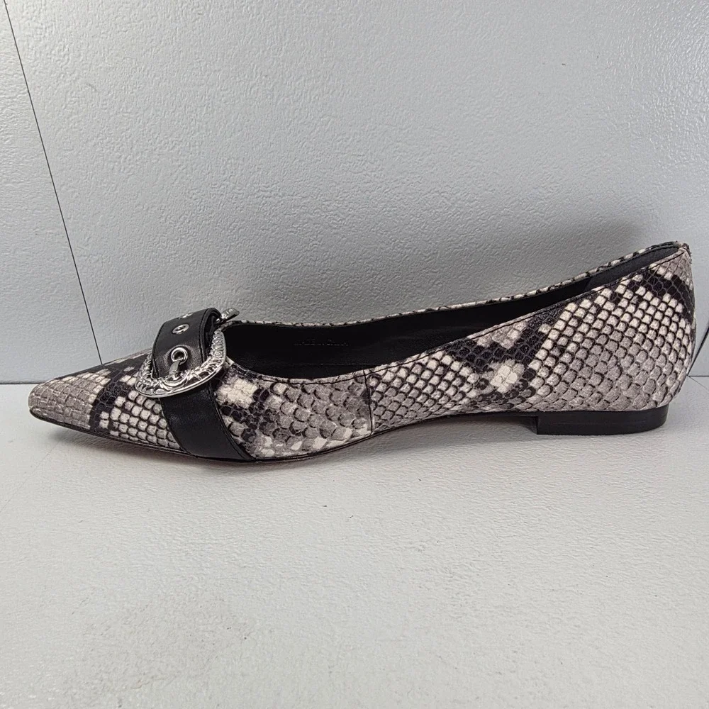 Paige Womens Snakeskin Pointed‎ Toe Alisa Flats Silver Western Buckle Grey Black